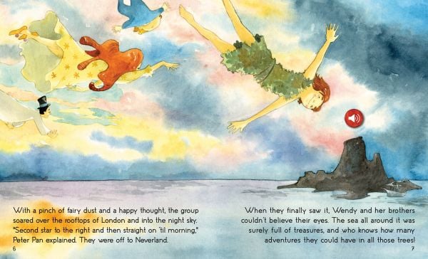 Book cover of The Storyteller: Peter Pan: Listen to the sound fairytales; featuring a small figure in green clothes. Published by White Star.