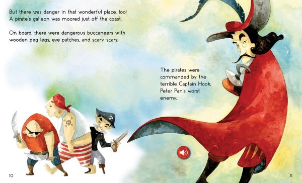 Book cover of The Storyteller: Peter Pan: Listen to the sound fairytales; featuring a small figure in green clothes. Published by White Star.