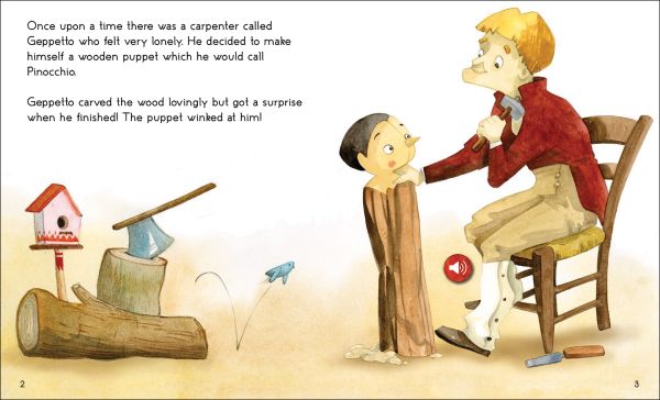 Book cover of The Storyteller: Pinocchio: Listen to the sound fairytales; featuring a small wooden puppet. Published by White Star.