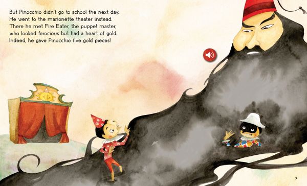 Book cover of The Storyteller: Pinocchio: Listen to the sound fairytales; featuring a small wooden puppet. Published by White Star.