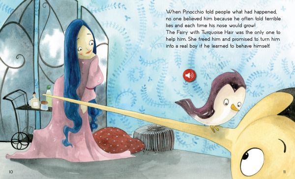 Book cover of The Storyteller: Pinocchio: Listen to the sound fairytales; featuring a small wooden puppet. Published by White Star.