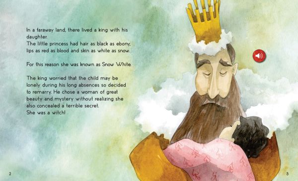 Book cover of The Storyteller: Snow White: Listen to the sound fairytales; featuring a figure wearing a red dress and white ruffle collar, and eating an apple. Published by White Star.