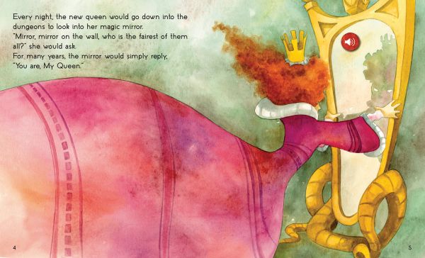 Book cover of The Storyteller: Snow White: Listen to the sound fairytales; featuring a figure wearing a red dress and white ruffle collar, and eating an apple. Published by White Star.