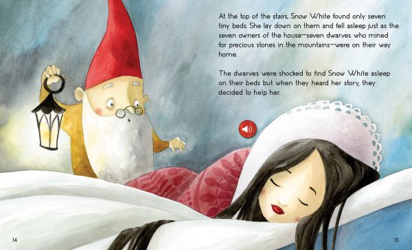 Book cover of The Storyteller: Snow White: Listen to the sound fairytales; featuring a figure wearing a red dress and white ruffle collar, and eating an apple. Published by White Star.