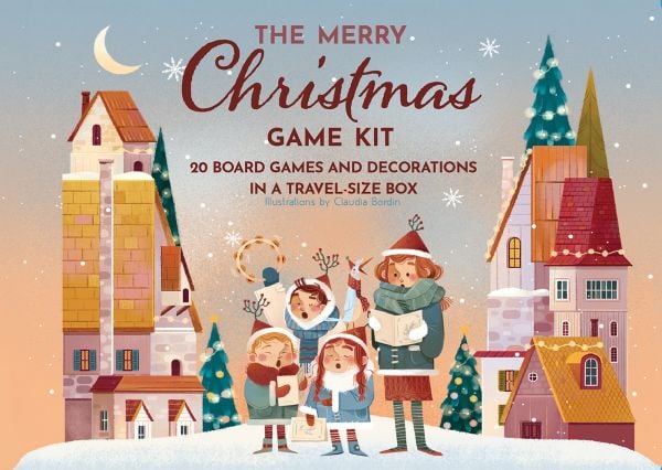 Activity box of The Merry Christmas Game Kit; Over 20 games and decorations in a travel size box, featuring three elves running with a Christmas tree. Published by White Star.