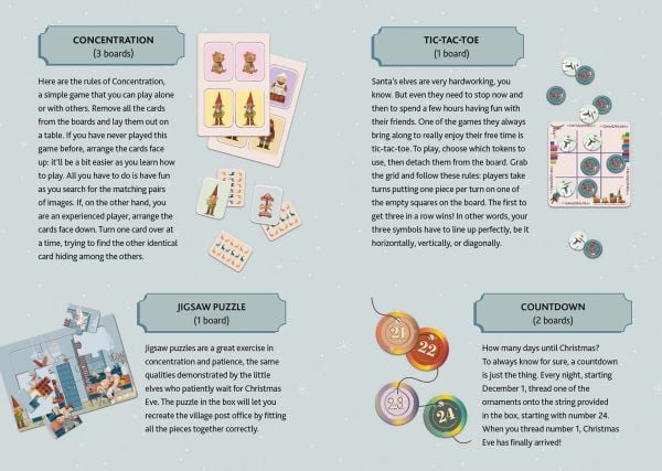 Activity box of The Merry Christmas Game Kit; Over 20 games and decorations in a travel size box, featuring three elves running with a Christmas tree. Published by White Star.