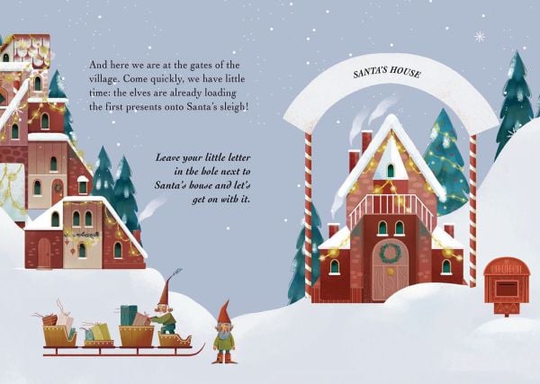 Activity box of The Merry Christmas Game Kit; Over 20 games and decorations in a travel size box, featuring three elves running with a Christmas tree. Published by White Star.