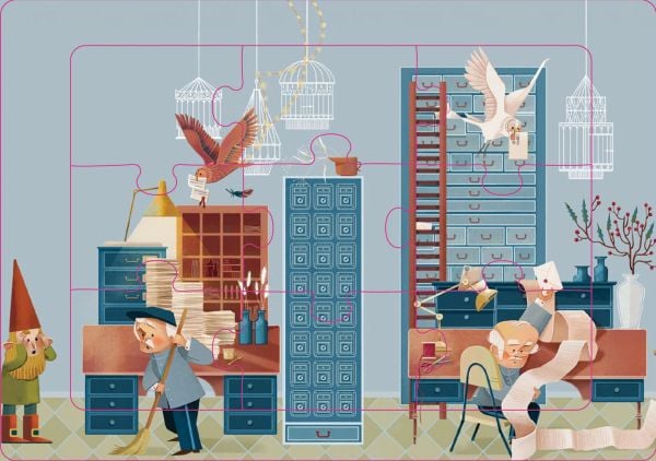 Activity box of The Merry Christmas Game Kit; Over 20 games and decorations in a travel size box, featuring three elves running with a Christmas tree. Published by White Star.