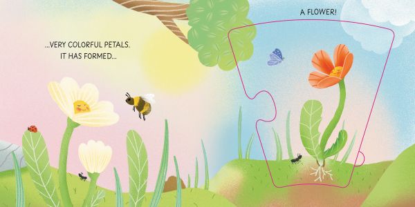 Book cover of Becoming A Flower: Grow-a-Puzzle; with a large orange flower with a smiley face. Published by White Star.