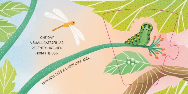 Book cover of Becoming Butterfly: Grow-a-Puzzle; with a caterpillar sitting on a branch. Published by White Star.