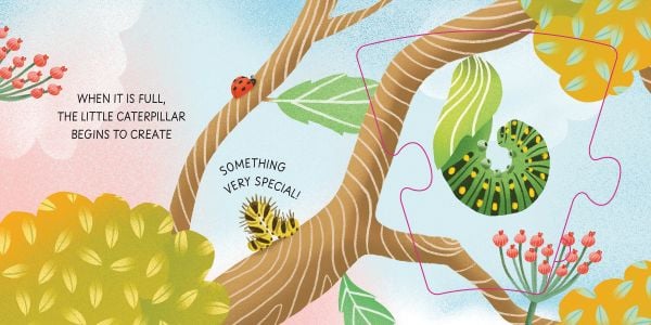 Book cover of Becoming Butterfly: Grow-a-Puzzle; with a caterpillar sitting on a branch. Published by White Star.