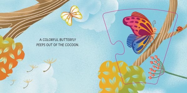 Book cover of Becoming Butterfly: Grow-a-Puzzle; with a caterpillar sitting on a branch. Published by White Star.