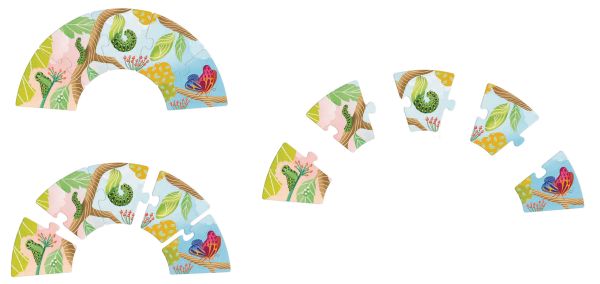 Book cover of Becoming Butterfly: Grow-a-Puzzle; with a caterpillar sitting on a branch. Published by White Star.