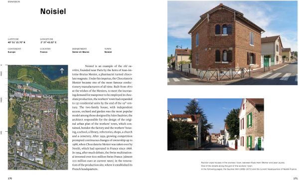 Industrial landscape with tall chimneys on cover of 'Architecture at Work, Towns and Landscapes of Industrial Heritage', by Forma Edizioni.