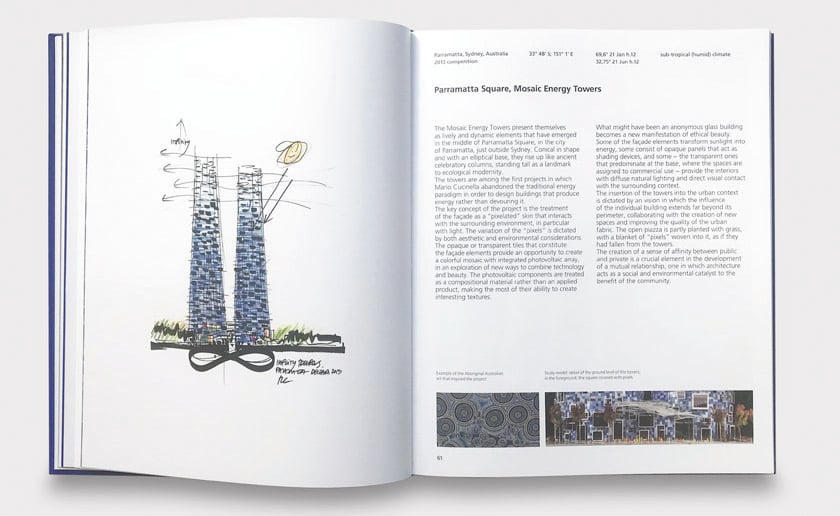 Large white font to blue cover of 'Building Green Futures, Mario Cucinella Architects', by Forma Edizioni.