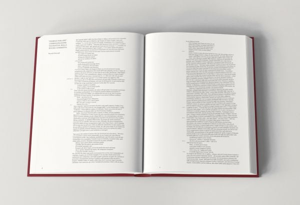 Orange capitalised font on burgundy cover of 'Divine Comedy Illustrated by Mimmo Paladino', by Forma Edizioni.