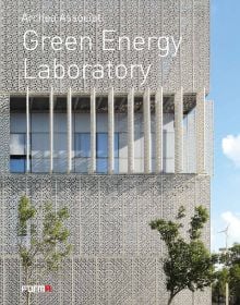 Modern architectural building with patterned surface and green trees below, on cover of 'Green Energy Laboratory, Archea Associati', by Forma Edizioni.