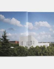 Modern architectural building with patterned surface and green trees below, on cover of 'Green Energy Laboratory, Archea Associati', by Forma Edizioni.