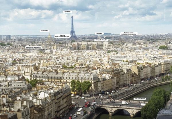 Book cover of Paris: On the Road Architecture Guides, with an aerial map of the city. Published by Forma Edizioni.
