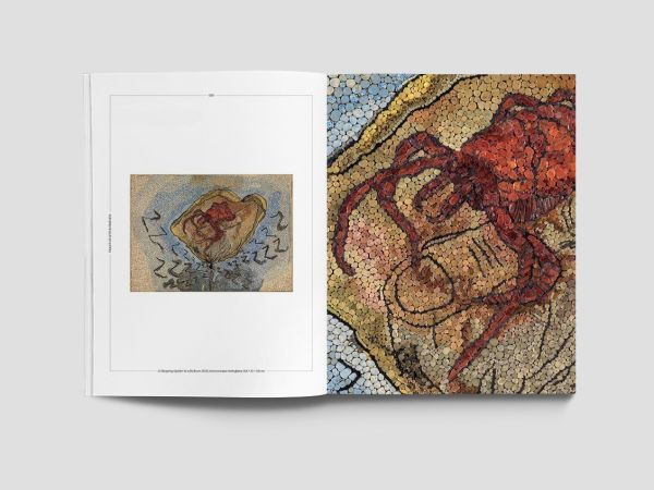 Book cover of Jan Fabre. Mosaics, with beige tiled mosaic with dark red font. Published by Forma Edizioni.