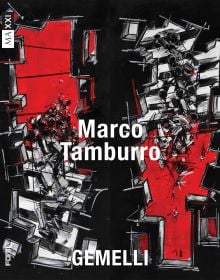 Black book cover of Marco Tamburro. Gemelli, with an abstract painting in black, red and white of painting titled 'Twins'. Published by Forma Edizioni.