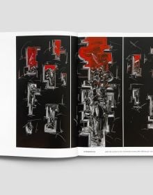 Black book cover of Marco Tamburro. Gemelli, with an abstract painting in black, red and white of painting titled 'Twins'. Published by Forma Edizioni.