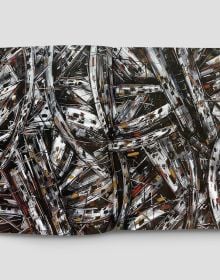Black book cover of Marco Tamburro. Gemelli, with an abstract painting in black, red and white of painting titled 'Twins'. Published by Forma Edizioni.