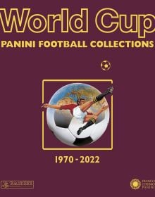 Footballer performing overhead kick in front of large football, with the world to top, on aubergine cover of 'World Cup, Panini Football Collections 1970-2022, Franco Cosimo Panini Editore.