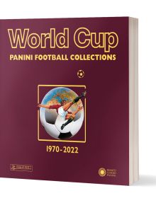 Footballer performing overhead kick in front of large football, with the world to top, on aubergine cover of 'World Cup, Panini Football Collections 1970-2022, Franco Cosimo Panini Editore.