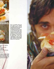 Italian sandwich with cheese and salami, on grease paper, the PAN'INO in stencilled cream font above
