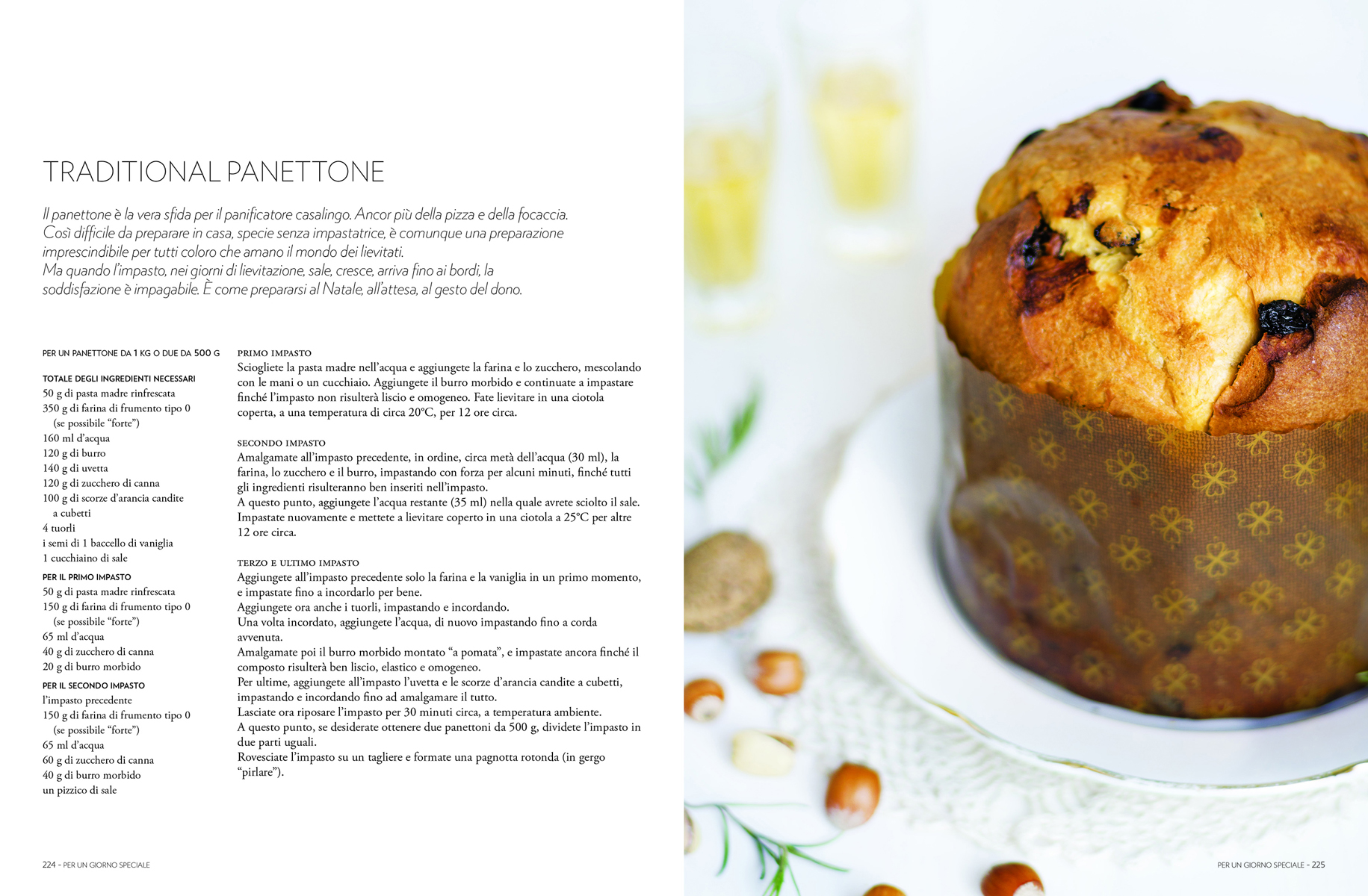 Large round brown top sourdough bread, dusted with flour, on wood board, on cover of 'Sourdough, A Complete Guide and Recipe Book', by Guido Tommasi Editore.