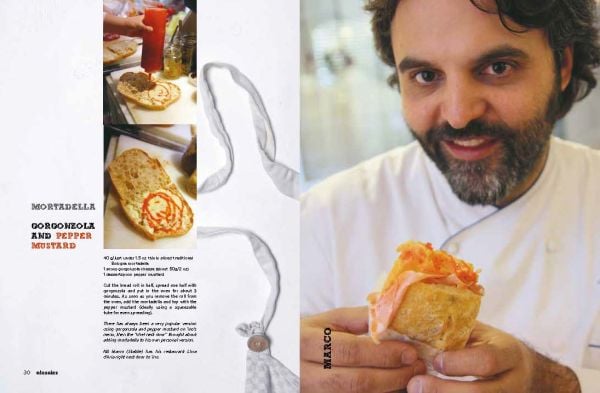 Salami and cheese panini on baking paper, on cover of 'The Pan'Ino', by Guido Tommasi Editore.