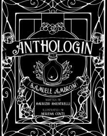 Gin bottle in white with art nouveau style border on black cover of 'Anthologin', by Guido Tommasi Editore.