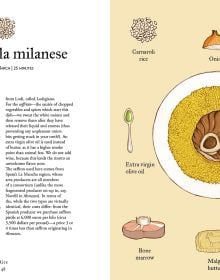 Book cover of Contemporary Milanese Cooking; featuring a chef holding a pan of risotto. Published by Guido Tommasi Editore.
