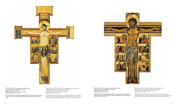 Book cover of Mina Gregori's Uffizi & Pitti: From Giotto to Caravaggio, featuring a painting titled Bacchus by Caravaggio, man in white robe, vine leaves on head, glass of red wine in hand. Published by Scripta Maneant Editori.