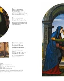 Book cover of Mina Gregori's Uffizi & Pitti: From Giotto to Caravaggio, featuring a painting titled Bacchus by Caravaggio, man in white robe, vine leaves on head, glass of red wine in hand. Published by Scripta Maneant Editori.