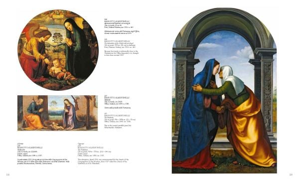 Book cover of Mina Gregori's Uffizi & Pitti: From Giotto to Caravaggio, featuring a painting titled Bacchus by Caravaggio, man in white robe, vine leaves on head, glass of red wine in hand. Published by Scripta Maneant Editori.