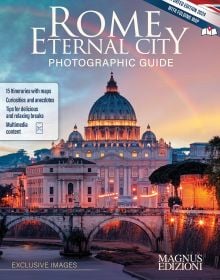 Book cover of Rome Eternal City, with the Tiber river and bridge, and the domed Pantheon building behind. Published by Scripta Maneant Editori.
