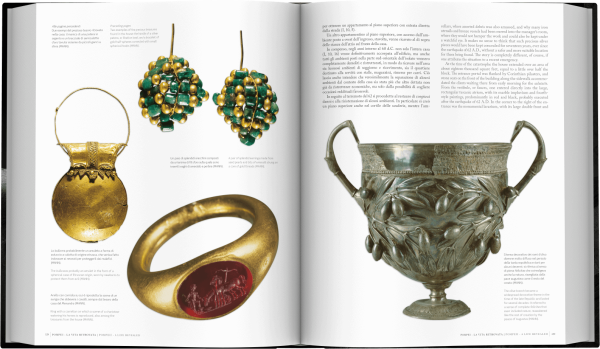 Book cover of Pompeii: A Life Revealed, featuring a bronze head with mouth open, and bright yellowing eyes. Published Scripta Maneant Editori.