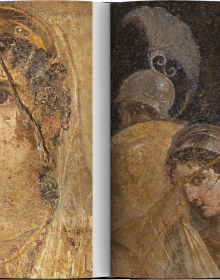 Book cover of Pompeii: A Life Revealed, featuring a bronze head with mouth open, and bright yellowing eyes. Published Scripta Maneant Editori.