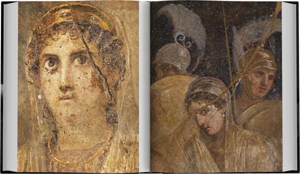 Book cover of Pompeii: A Life Revealed, featuring a bronze head with mouth open, and bright yellowing eyes. Published Scripta Maneant Editori.