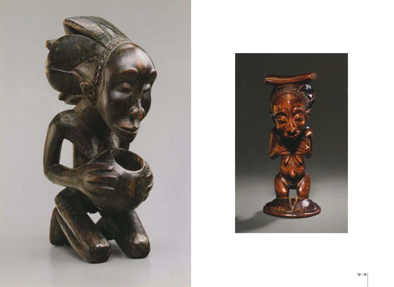 Dark wood carved mask with horn ears, black cover, VISIONS OF AFRICA LUBA in black font on top white banner.