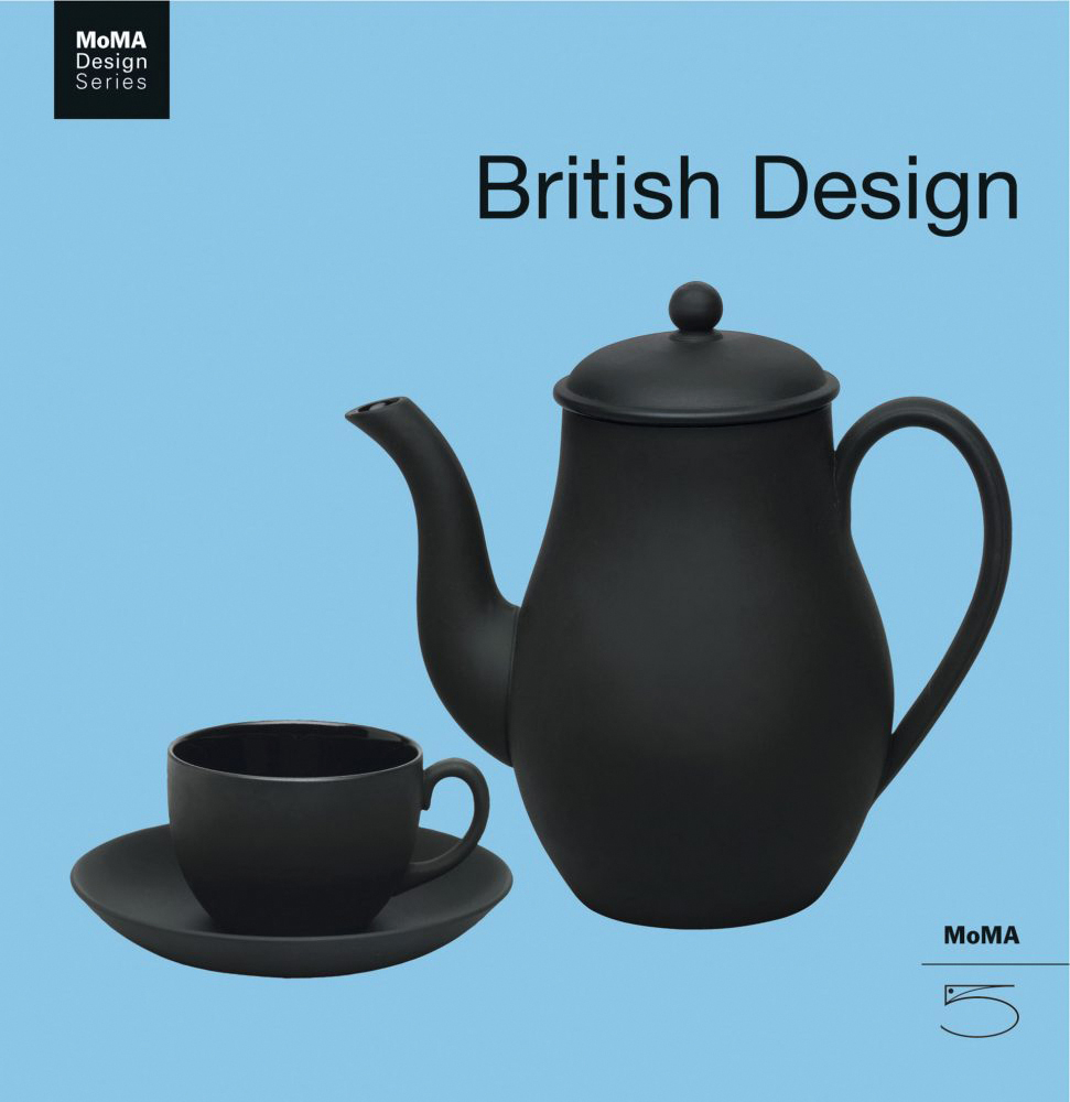 Sky blue book cover of British Design, featuring a black teapot with cup and saucer. Published by 5 Continents Editions.
