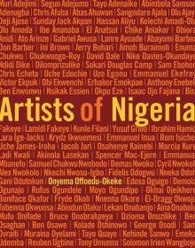Dark orange book cover of Artists of Nigeria, featuring names of artists in light orange. Published by 5 Continents Editions.