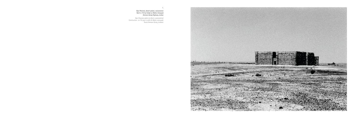 Landscape book cover of Caravanserai, Traces, Places, Dialogue in the Middle East, featuring a black and white photo of large, flat-roofed building in Middle Eastern landscape. Published by 5 Continents Editions.