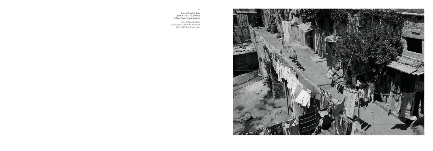 Landscape book cover of Caravanserai, Traces, Places, Dialogue in the Middle East, featuring a black and white photo of large, flat-roofed building in Middle Eastern landscape. Published by 5 Continents Editions.