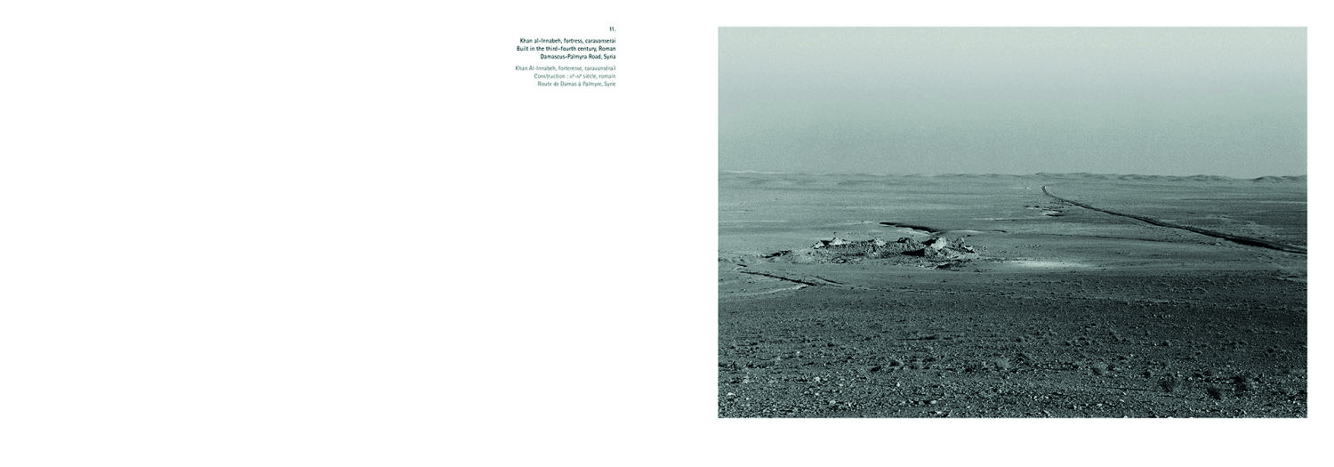 Landscape book cover of Caravanserai, Traces, Places, Dialogue in the Middle East, featuring a black and white photo of large, flat-roofed building in Middle Eastern landscape. Published by 5 Continents Editions.