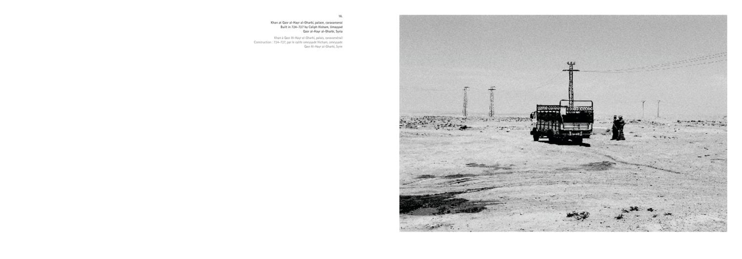 Landscape book cover of Caravanserai, Traces, Places, Dialogue in the Middle East, featuring a black and white photo of large, flat-roofed building in Middle Eastern landscape. Published by 5 Continents Editions.