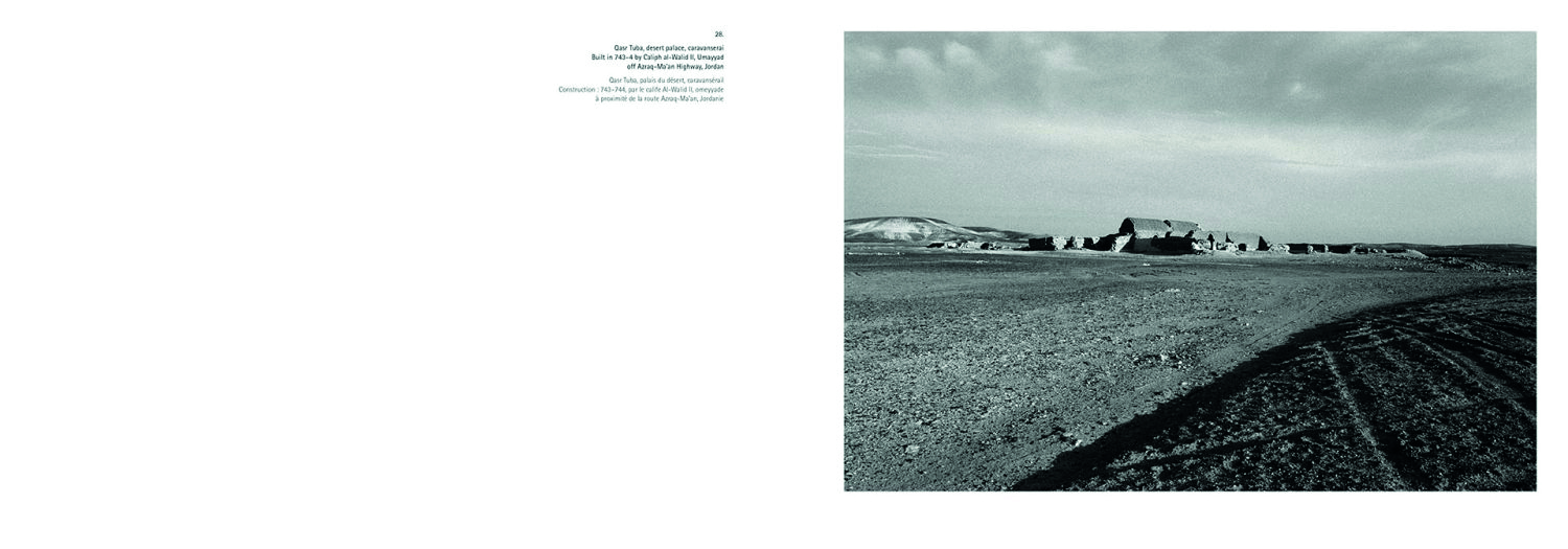 Landscape book cover of Caravanserai, Traces, Places, Dialogue in the Middle East, featuring a black and white photo of large, flat-roofed building in Middle Eastern landscape. Published by 5 Continents Editions.