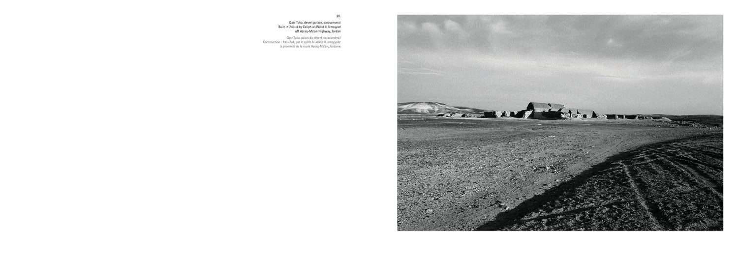 Landscape book cover of Caravanserai, Traces, Places, Dialogue in the Middle East, featuring a black and white photo of large, flat-roofed building in Middle Eastern landscape. Published by 5 Continents Editions.